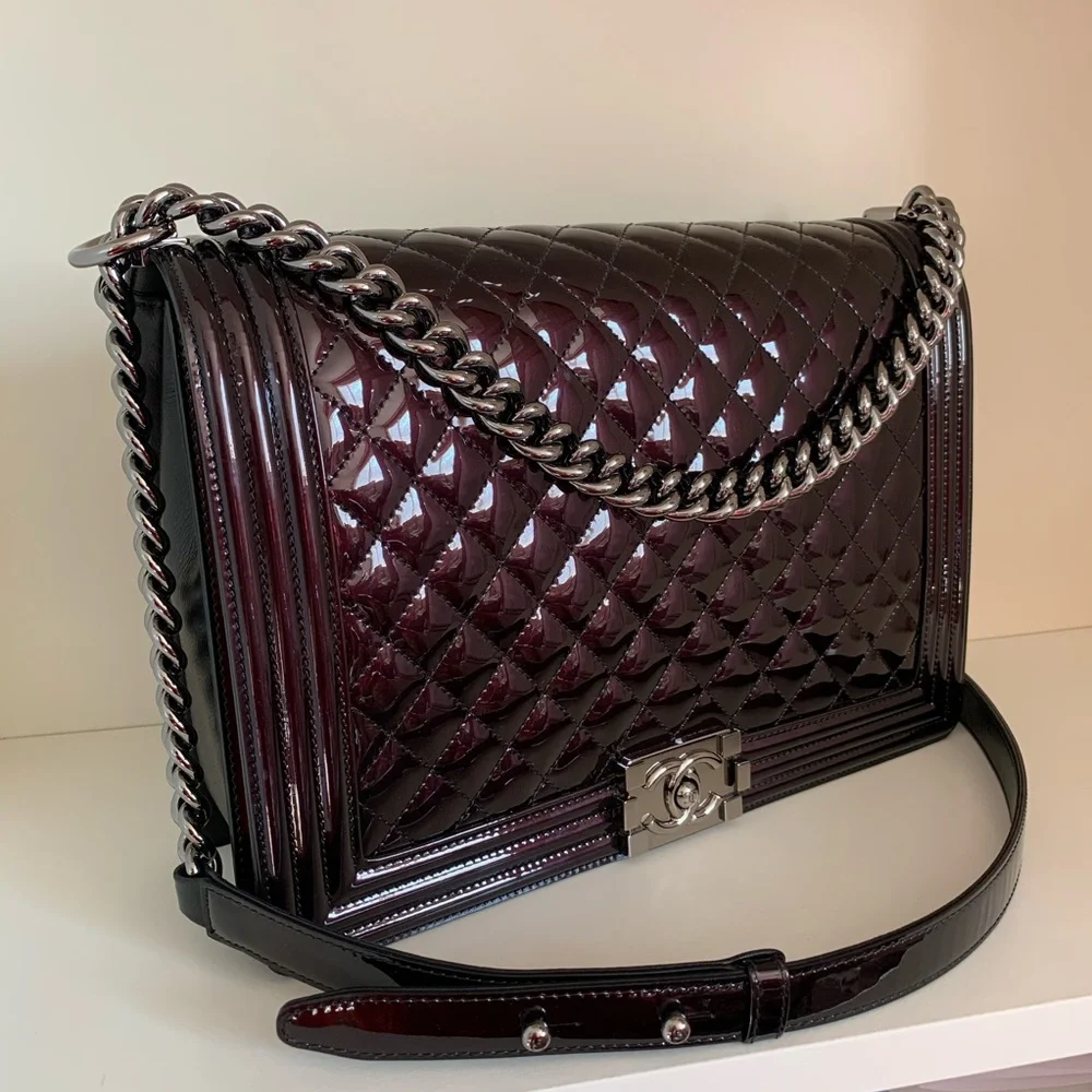 Chanel patent mirrored palladium jumbo le boy bag